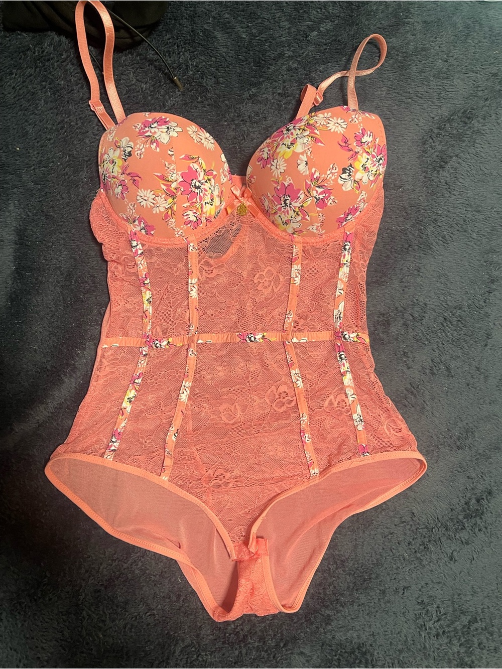 Daisy Fuentes Coral Floral Lace Bodysuit